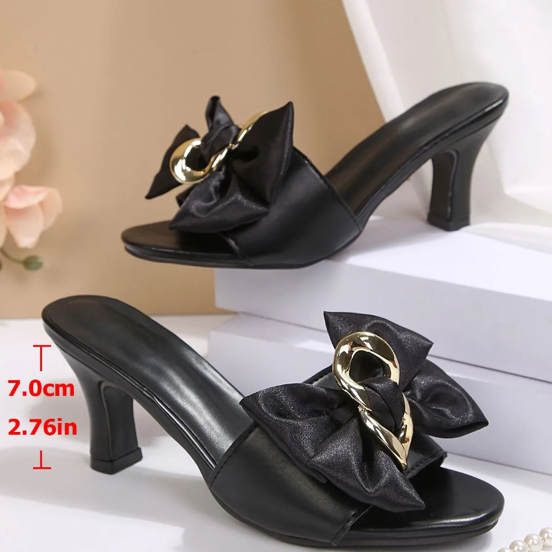 Women's Satin Heel Mule Shoes, Bow & Gold Chain Slide Sandals In Black & Pink, Premium Satin Upper, Comfort Chunky Heel, Lightweight Design, Multiple Sizes, Dressy Footwear For Ladies