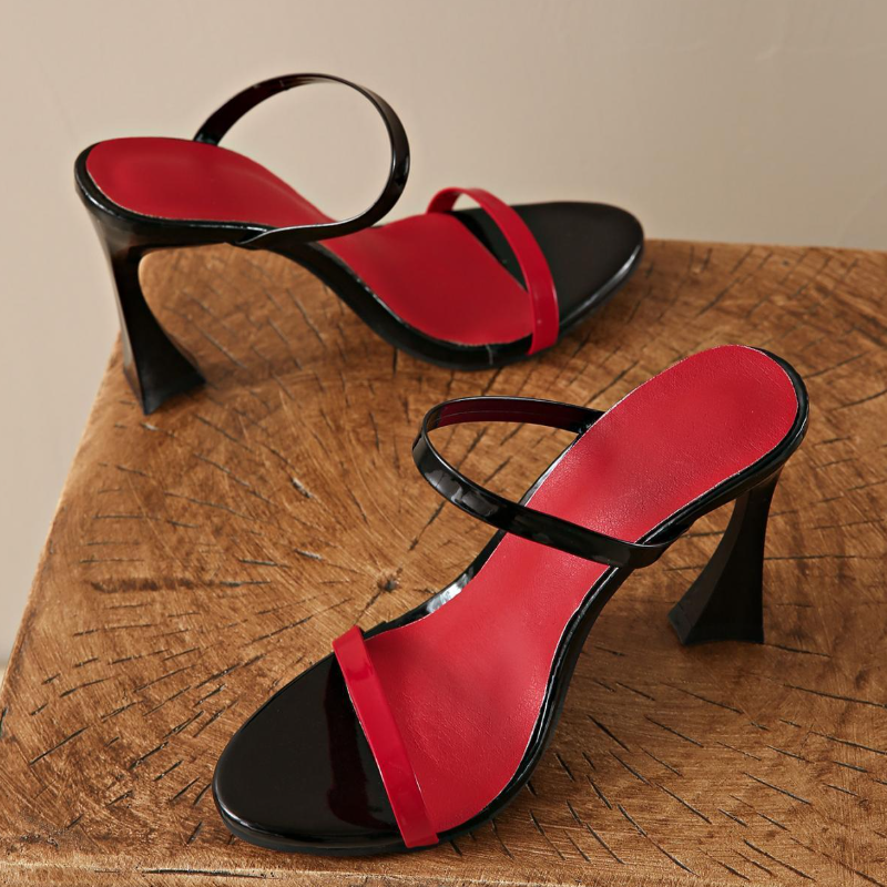 Women's Two-Tone Stiletto Mule Shoes, Black & Red Open-Toe Heel Sandals With Patent Leather Straps, Flared Heel Design, Comfort Footbed, Plus Size Available, Elegant Party & Daily Footwear For Ladies