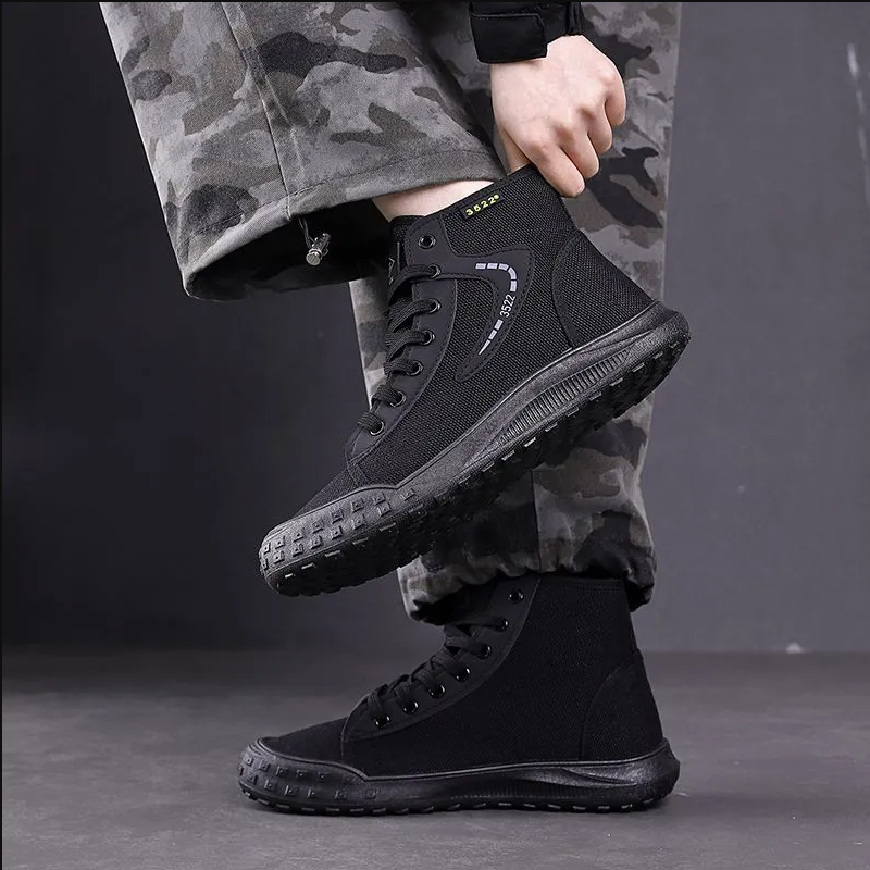 Men's Military Style Shoes,High-Top Canvas Boots For Street & Outdoor Activities,Sturdy Canvas,Non-Slip Rubber Sole, Lace-Up Design, Lightweight Construction, All Size Options, Trendy Footwear For Men