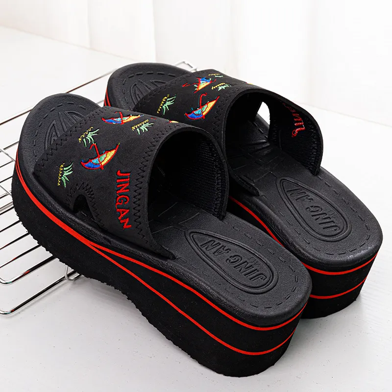 Women's Platform Slide Shoes, Black Embroidered Wedge Slippers For Beach & Casual Wear, Soft Fabric Upper, Thick Non-Slip Sole, Open-Toe Design, Comfortable Cushion