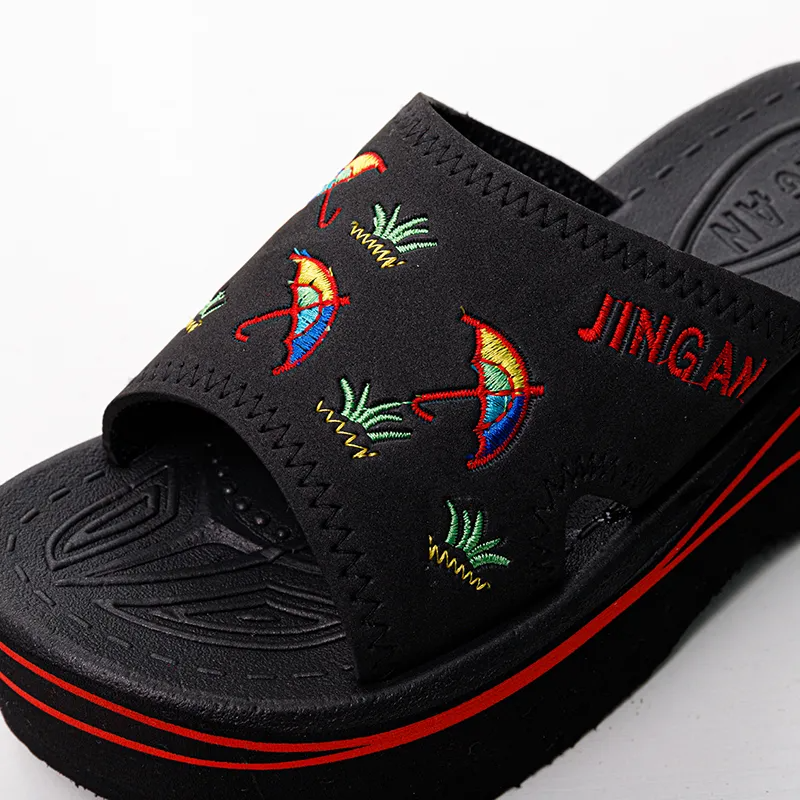 Women's Platform Slide Shoes, Black Embroidered Wedge Slippers For Beach & Casual Wear, Soft Fabric Upper, Thick Non-Slip Sole, Open-Toe Design, Comfortable Cushion