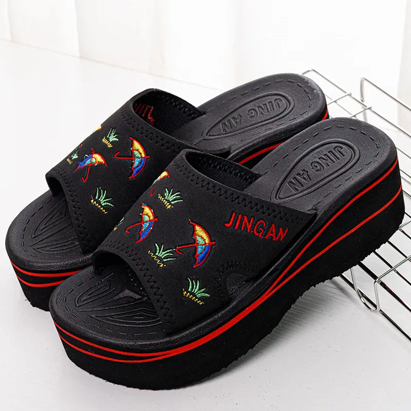 Women's Platform Slide Shoes, Black Embroidered Wedge Slippers For Beach & Casual Wear, Soft Fabric Upper, Thick Non-Slip Sole, Open-Toe Design, Comfortable Cushion