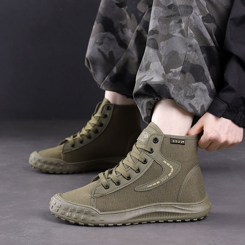 Men's Military Style Shoes,High-Top Canvas Boots For Street & Outdoor Activities,Sturdy Canvas,Non-Slip Rubber Sole, Lace-Up Design, Lightweight Construction, All Size Options, Trendy Footwear For Men