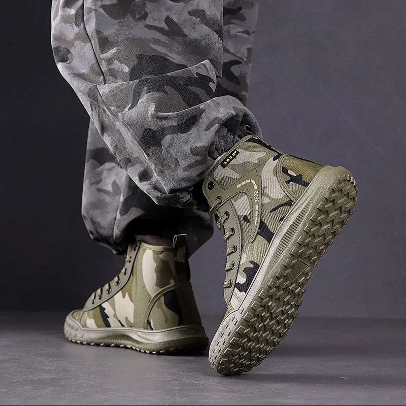 Men's Military Style Shoes,High-Top Canvas Boots For Street & Outdoor Activities,Sturdy Canvas,Non-Slip Rubber Sole, Lace-Up Design, Lightweight Construction, All Size Options, Trendy Footwear For Men