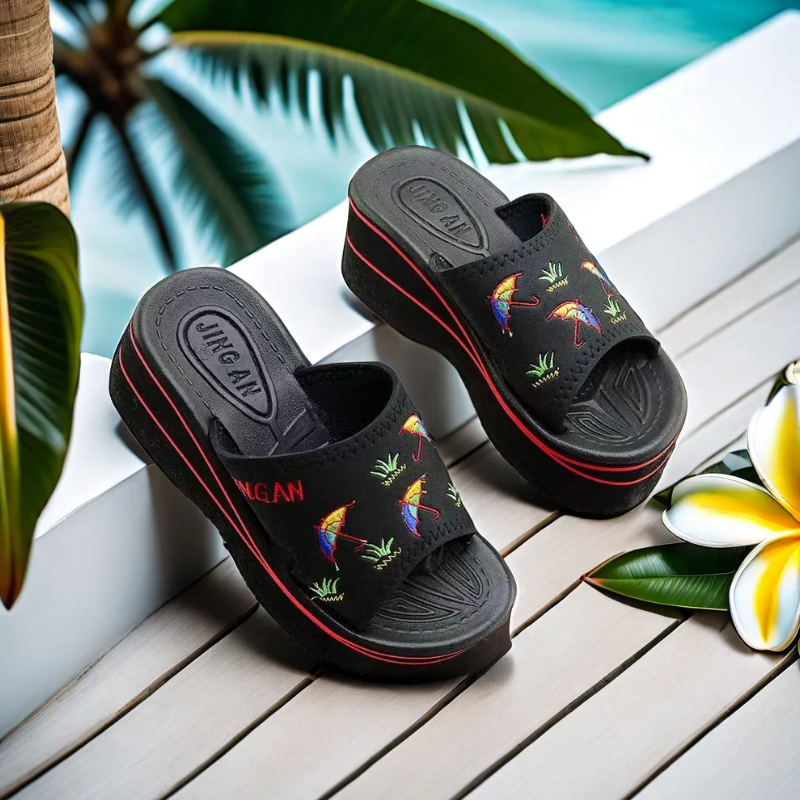 Women's Platform Slide Shoes, Black Embroidered Wedge Slippers For Beach & Casual Wear, Soft Fabric Upper, Thick Non-Slip Sole, Open-Toe Design, Comfortable Cushion