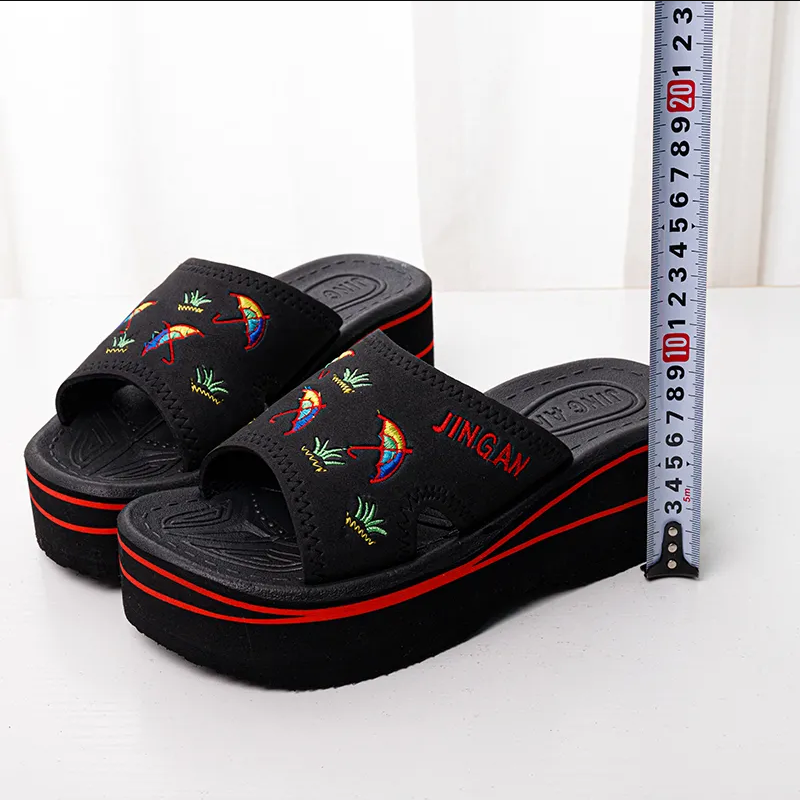 Women's Platform Slide Shoes, Black Embroidered Wedge Slippers For Beach & Casual Wear, Soft Fabric Upper, Thick Non-Slip Sole, Open-Toe Design, Comfortable Cushion