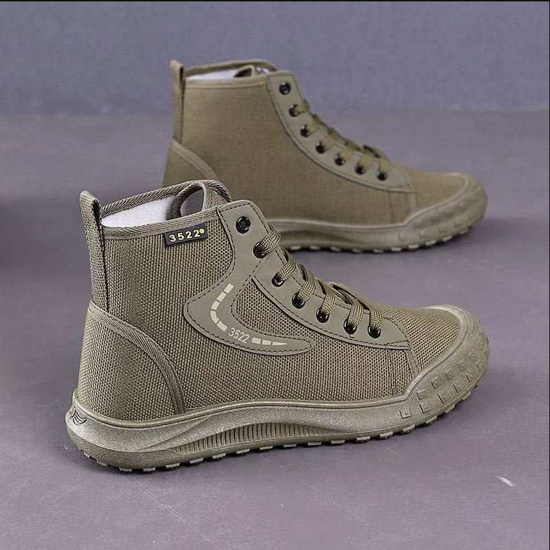 Men's Military Style Shoes,High-Top Canvas Boots For Street & Outdoor Activities,Sturdy Canvas,Non-Slip Rubber Sole, Lace-Up Design, Lightweight Construction, All Size Options, Trendy Footwear For Men
