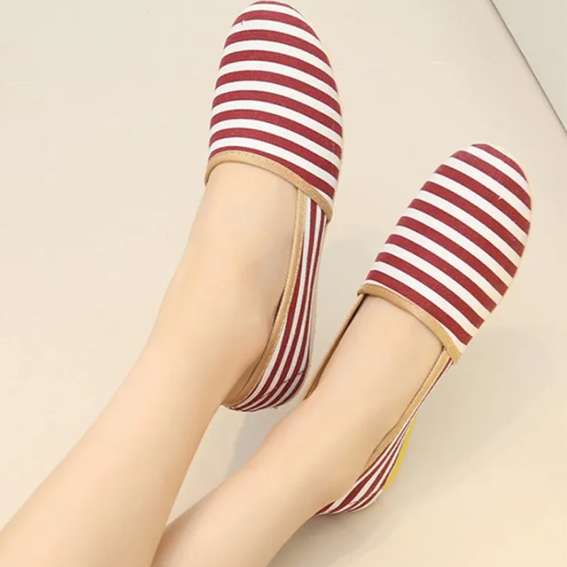 Women's Red-White Stripe Shoes,Canvas Slip-On Flats For Work & Leisure,Soft Breathable Fabric,Flexible Non-Slip Sole,Easy On/Off Style,Padded Insole, All Sizes,Comfortable Everyday Footwear For Women
