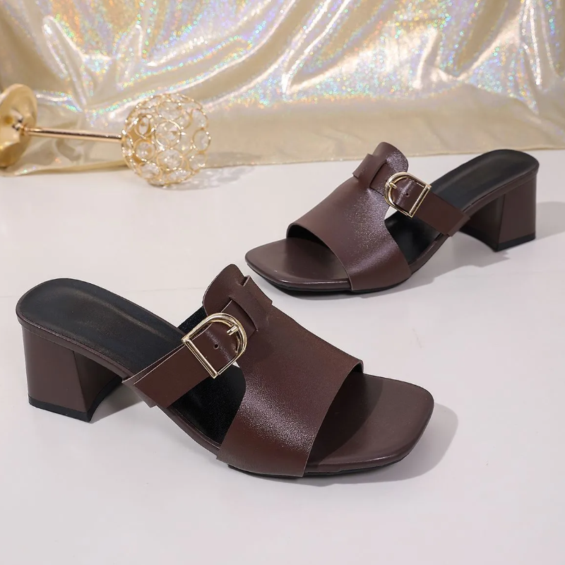 Women's Brown Buckle‑Strap Square‑Toe Block Heel Slide Sandal Shoes, Open‑Toe Slip‑On Mule High Heels With Adjustable Gold‑Buckle Strap, Soft Faux Leather Upper, Minimalist Elegant Footwear For Ladies