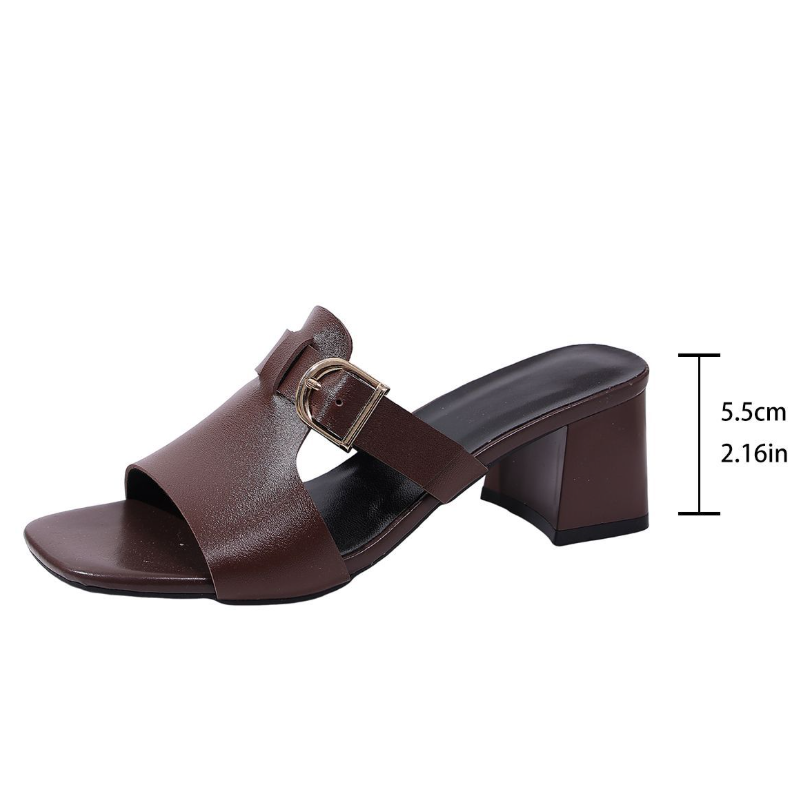 Women's Brown Buckle‑Strap Square‑Toe Block Heel Slide Sandal Shoes, Open‑Toe Slip‑On Mule High Heels With Adjustable Gold‑Buckle Strap, Soft Faux Leather Upper, Minimalist Elegant Footwear For Ladies