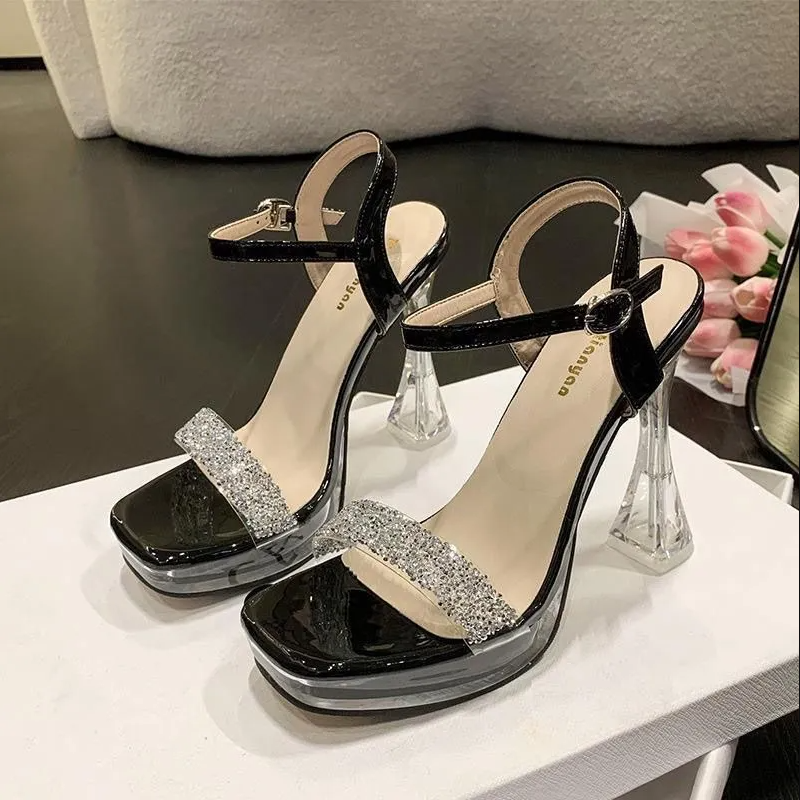 Women's Clear Transparent Heel Sandals, Multi-Color Rhinestone Platform Shoes With Ankle Strap & Buckle, Chunky Heel, Lightweight & Stylish,Versatile Party & Daily Footwear For Women