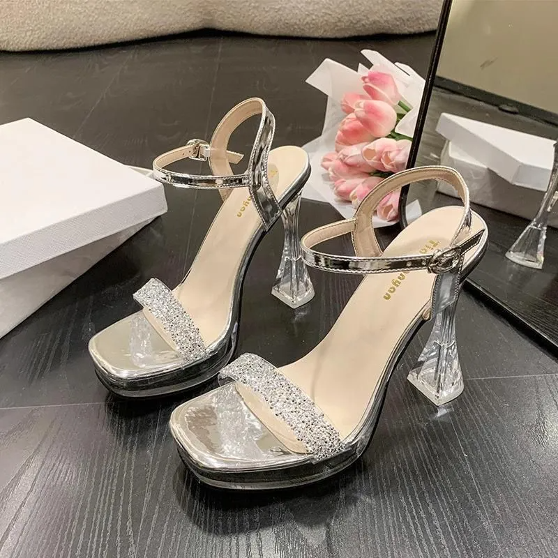 Women's Clear Transparent Heel Sandals, Multi-Color Rhinestone Platform Shoes With Ankle Strap & Buckle, Chunky Heel, Lightweight & Stylish,Versatile Party & Daily Footwear For Women
