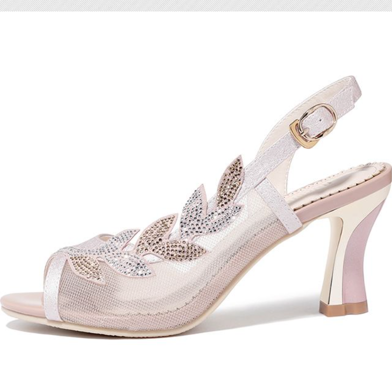 Women's Mesh Block Heel Shoes, White Rhinestone-Embellished Peep-Toe Sandals For Cocktail Nights & Outings, Adjustable Buckle Closure, Cushioned Footbed, Shock-Absorbing Sole, Dressy Footwear