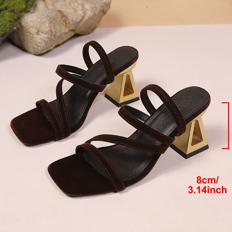 Women's Suede Crisscross Block Heel Sandal Shoes, Open-Toe Slide Mules With Gold Geometric Heel, Comfort Footbed, Non-Slip Sole, Plus Size Available, Elegant Party & Daily Footwear For Ladies