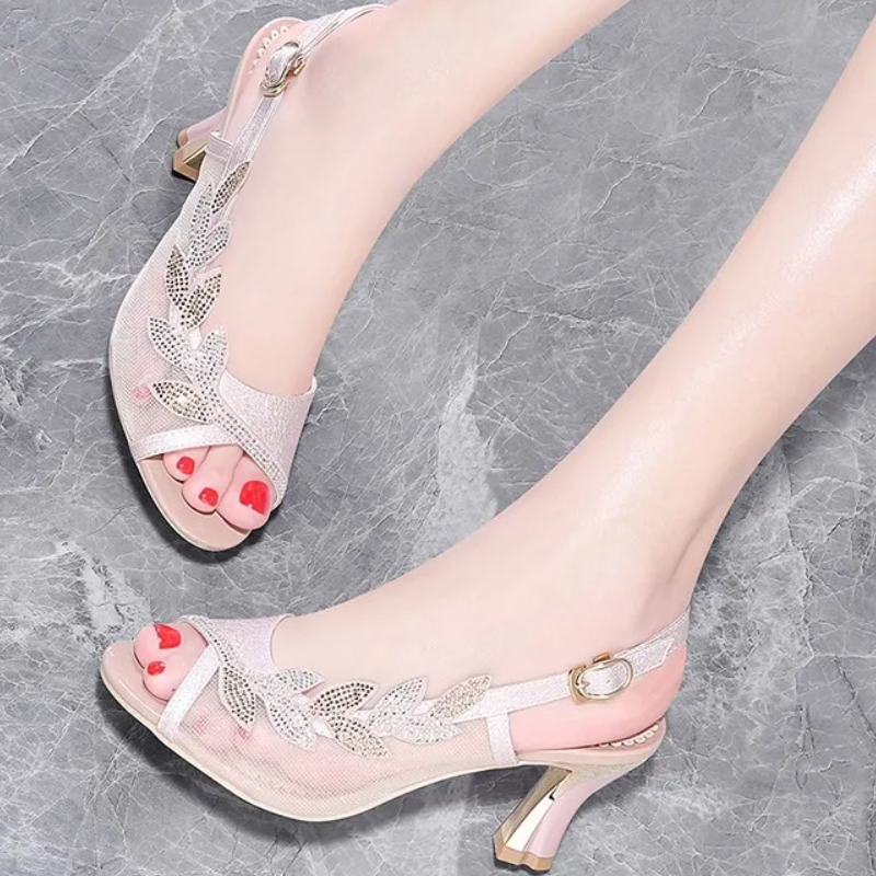 Women's Mesh Block Heel Shoes, White Rhinestone-Embellished Peep-Toe Sandals For Cocktail Nights & Outings, Adjustable Buckle Closure, Cushioned Footbed, Shock-Absorbing Sole, Dressy Footwear