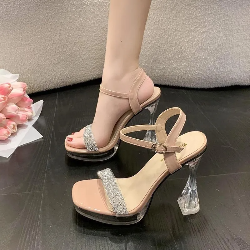 Women's Clear Transparent Heel Sandals, Multi-Color Rhinestone Platform Shoes With Ankle Strap & Buckle, Chunky Heel, Lightweight & Stylish,Versatile Party & Daily Footwear For Women