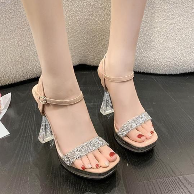 Women's Clear Transparent Heel Sandals, Multi-Color Rhinestone Platform Shoes With Ankle Strap & Buckle, Chunky Heel, Lightweight & Stylish,Versatile Party & Daily Footwear For Women
