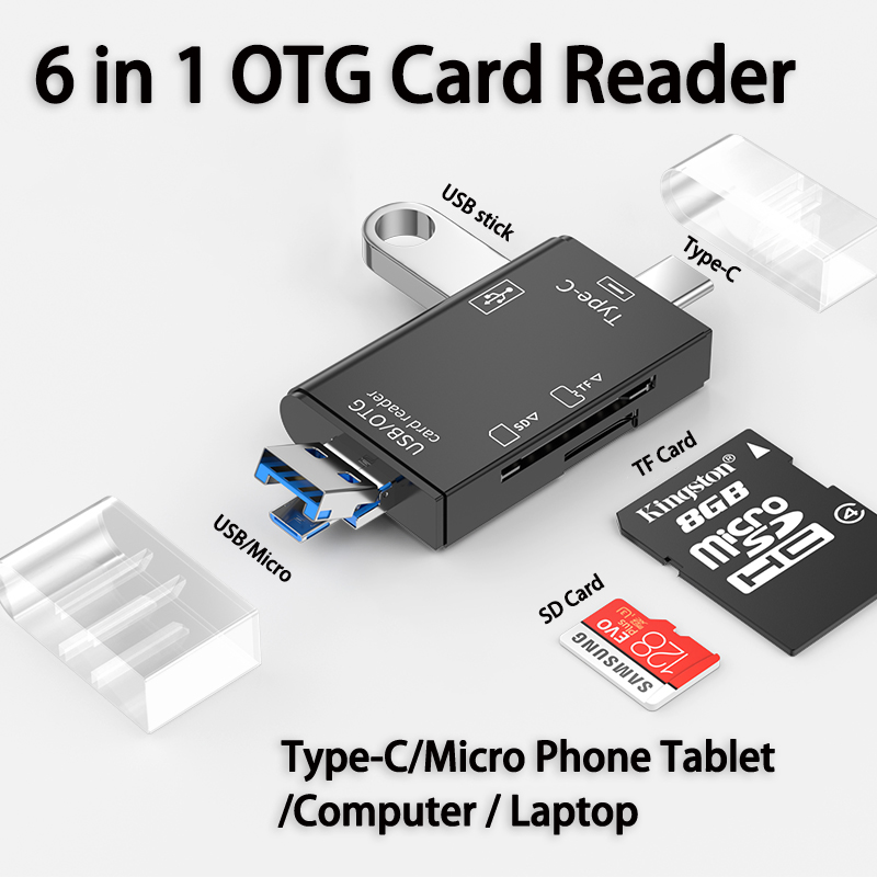 6 In 1 OTG Type C Card Reader USB 2.0 TF Micro SD Card Reader Multifunction Smart Memory Flash Drive Adapter Mobile Phone Accessories
