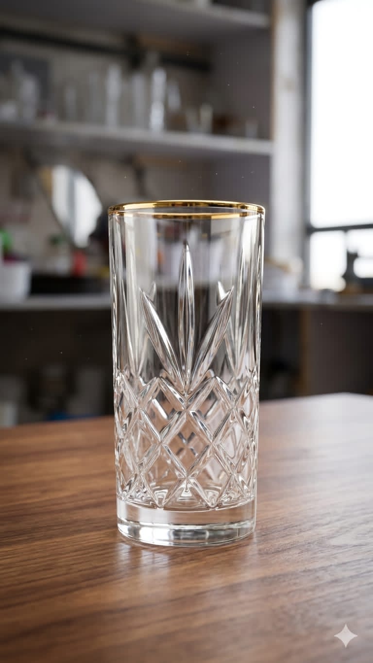 Set of 6PCS Unique Flower Long Glass Crystal Gold Ring Cups – Double Wall High Quality Glass Drinkware Set for Juice, Tea, Coffee & Elegant Home Serving