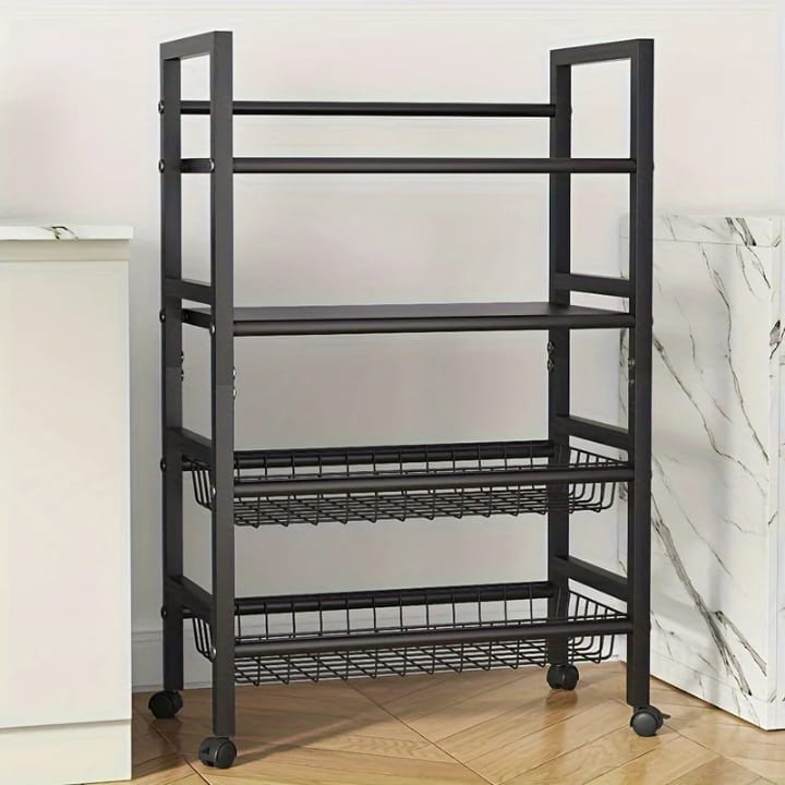 Multi-Layer Heavy Metallic Storage Rack Organizer – Rolling Kitchen, Bathroom, Bedroom & Office Storage Shelf with Lockable Wheels for Fruits, Toiletries, Toys & Supplies