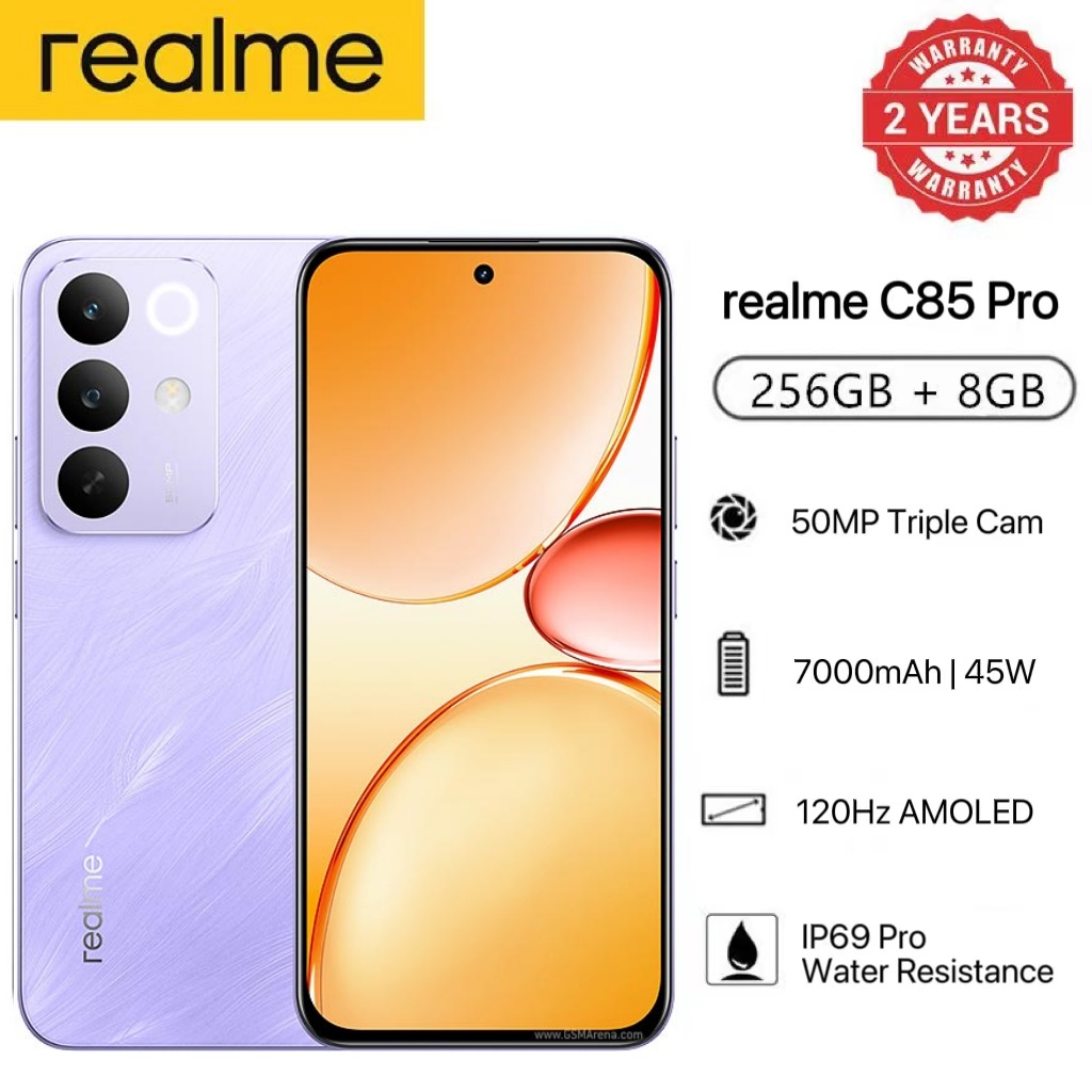 New Arrival Realme C85 Pro AI phone 256GB+8GB 6.8'' 120Hz AMOLED 7000mAh 45W Titan Battery IP69 PR0 Water Resistance 50MP Android 15 Type-C Dual Sim Smart Phones Fingerprint Unlock
