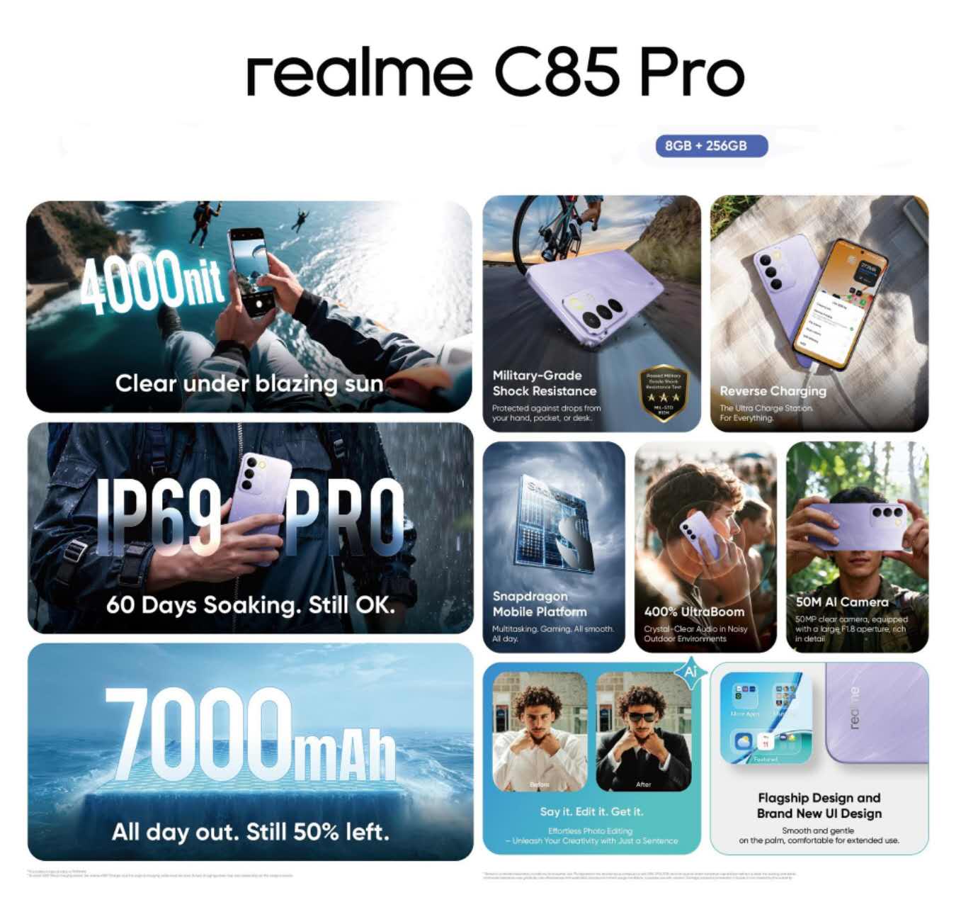 New Arrival Realme C85 Pro AI phone 256GB+8GB 6.8'' 120Hz AMOLED 7000mAh 45W Titan Battery IP69 PR0 Water Resistance 50MP Android 15 Type-C Dual Sim Smart Phones Fingerprint Unlock