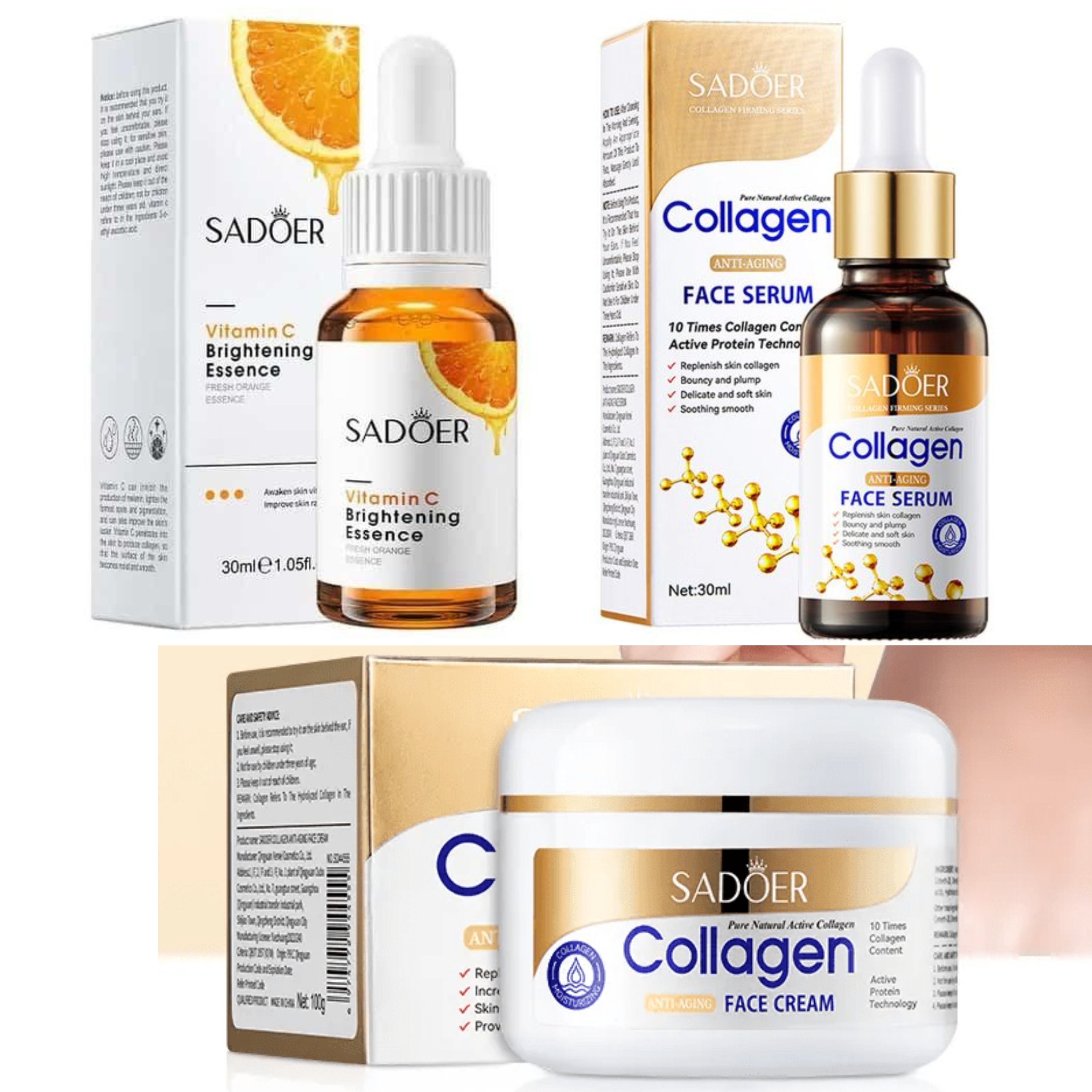 3 Pieces, Collagen Serum + Vitamin C Face Brightening Essence + Collagen Anti Aging  Face Cream ,For Face Brightening, Anti Wrinkles, Anti Aging, Moisturizing, Fade Dark Marks and Collagen Replenish