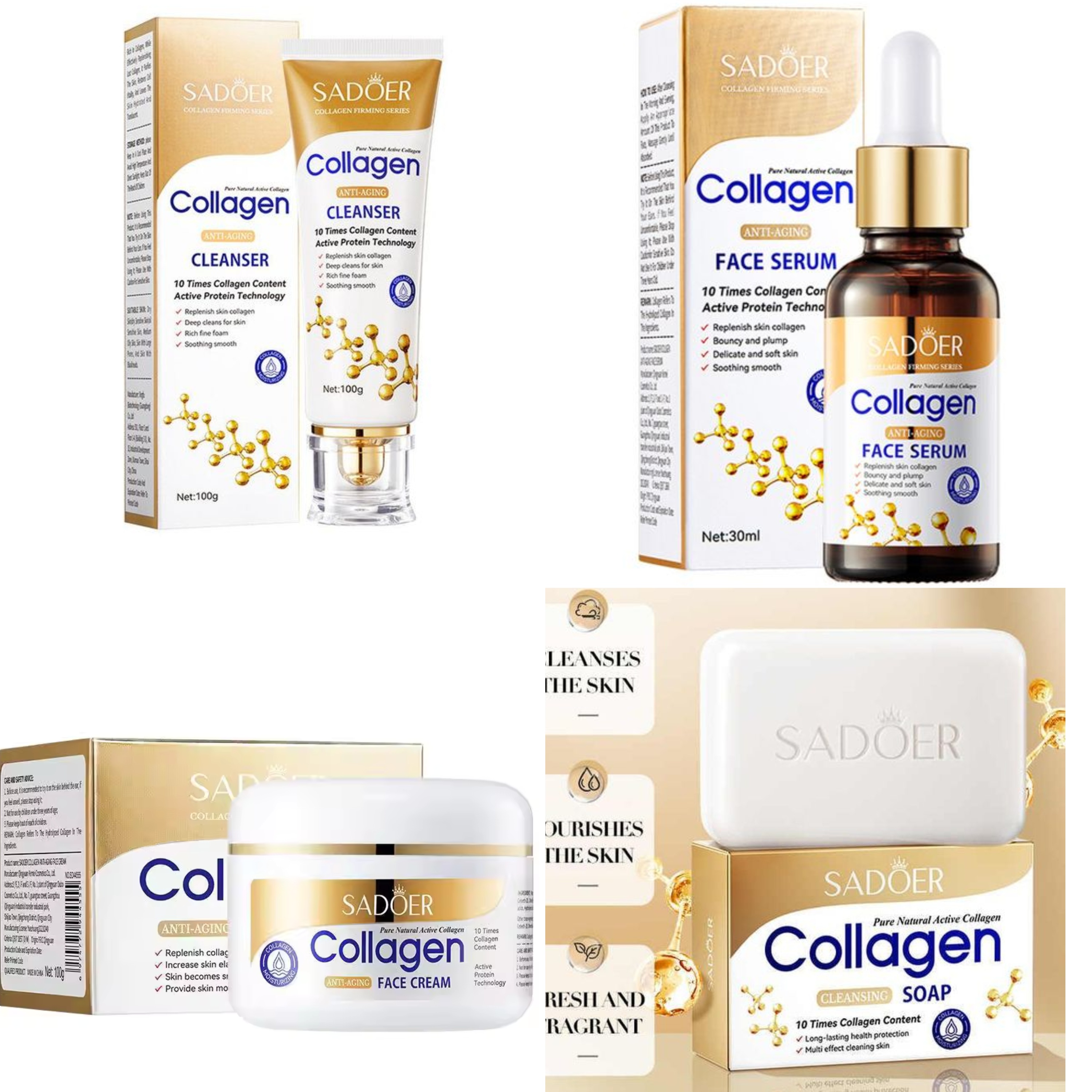 Sadoer Collagen 4 Pieces, Collagen Anti Aging Serum + Collagen Face Cream + Anti Aging Facial Cleanser + Cleansing Soap, Can add Vitramin C to the Routine, For Antiwrinkles, Moisturizing, soothing