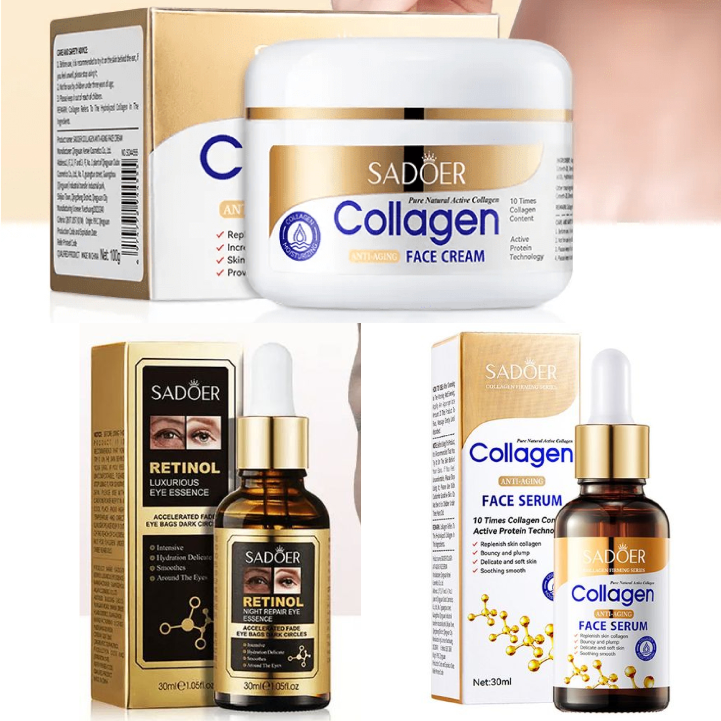 3 in 1, Collagen Serum + Retinol Serum Eye Essence + Collagen  Face Cream, Moisturizer, Anti Wrinkles anti Eye Puffiness, Fade Eye Dark Circles and Eye Bags, Can use with  Vitamin C Serum