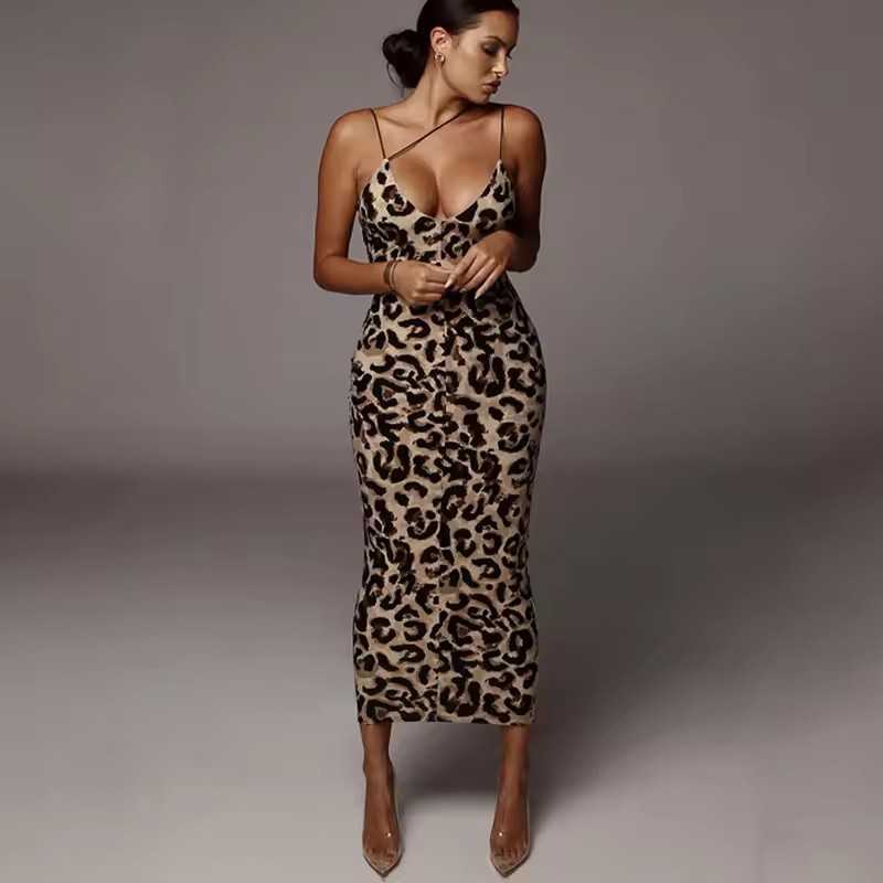Summer Sexy Leopard Sleeveless Elegant Dress Women Clothing Female Fashion High Waist Spaghetti Strap Slim Evening Party Dresses