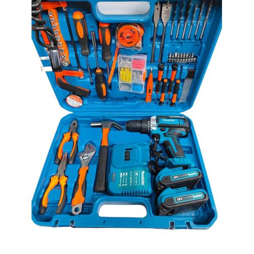 Makita Heavy Duty Powerful Cordless Drill Set with Metallic Chuck, Spanners and Nuts, Wrenches, Power Drill, Battery, Charger & Tool Accessories Kit