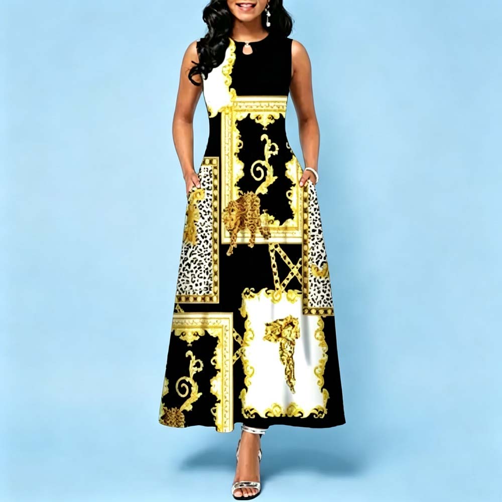 Luxury Upgraded Women's European & American Style Sleeveless Long Dress, Bohemian Retro Positioning Print Flowy Maxi Dress