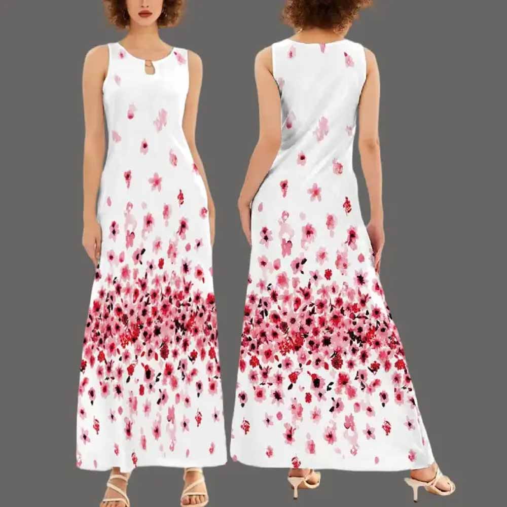 Luxury Upgraded Women's European & American Style Sleeveless Long Dress, Bohemian Retro Positioning Print Flowy Maxi Dress