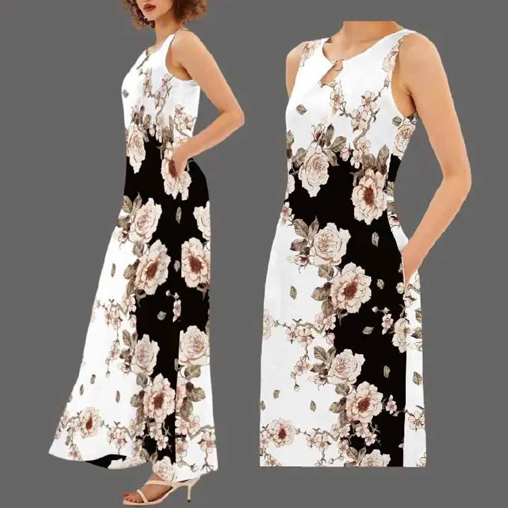 Luxury Upgraded Women's European & American Style Sleeveless Long Dress, Bohemian Retro Positioning Print Flowy Maxi Dress