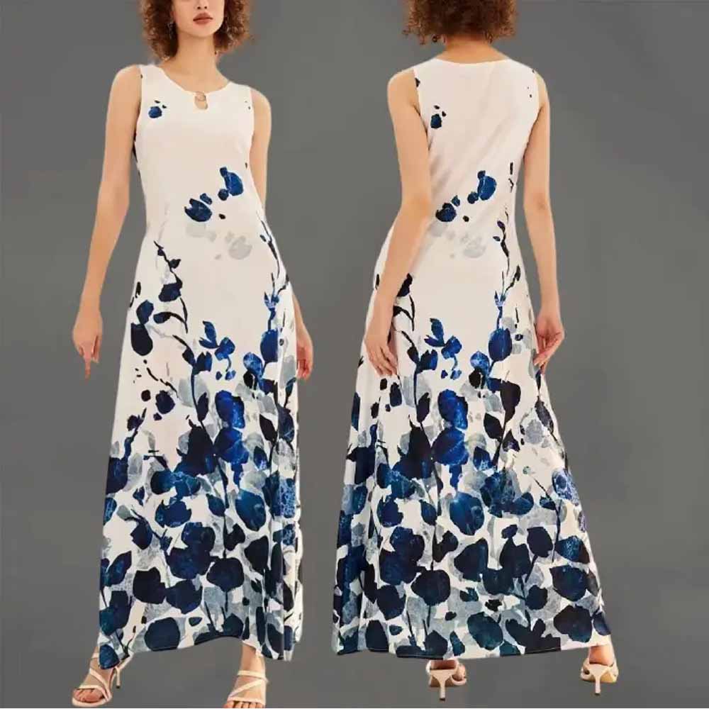 Luxury Upgraded Women's European & American Style Sleeveless Long Dress, Bohemian Retro Positioning Print Flowy Maxi Dress
