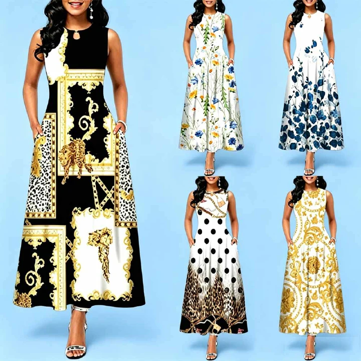 Luxury Upgraded Women's European & American Style Sleeveless Long Dress, Bohemian Retro Positioning Print Flowy Maxi Dress