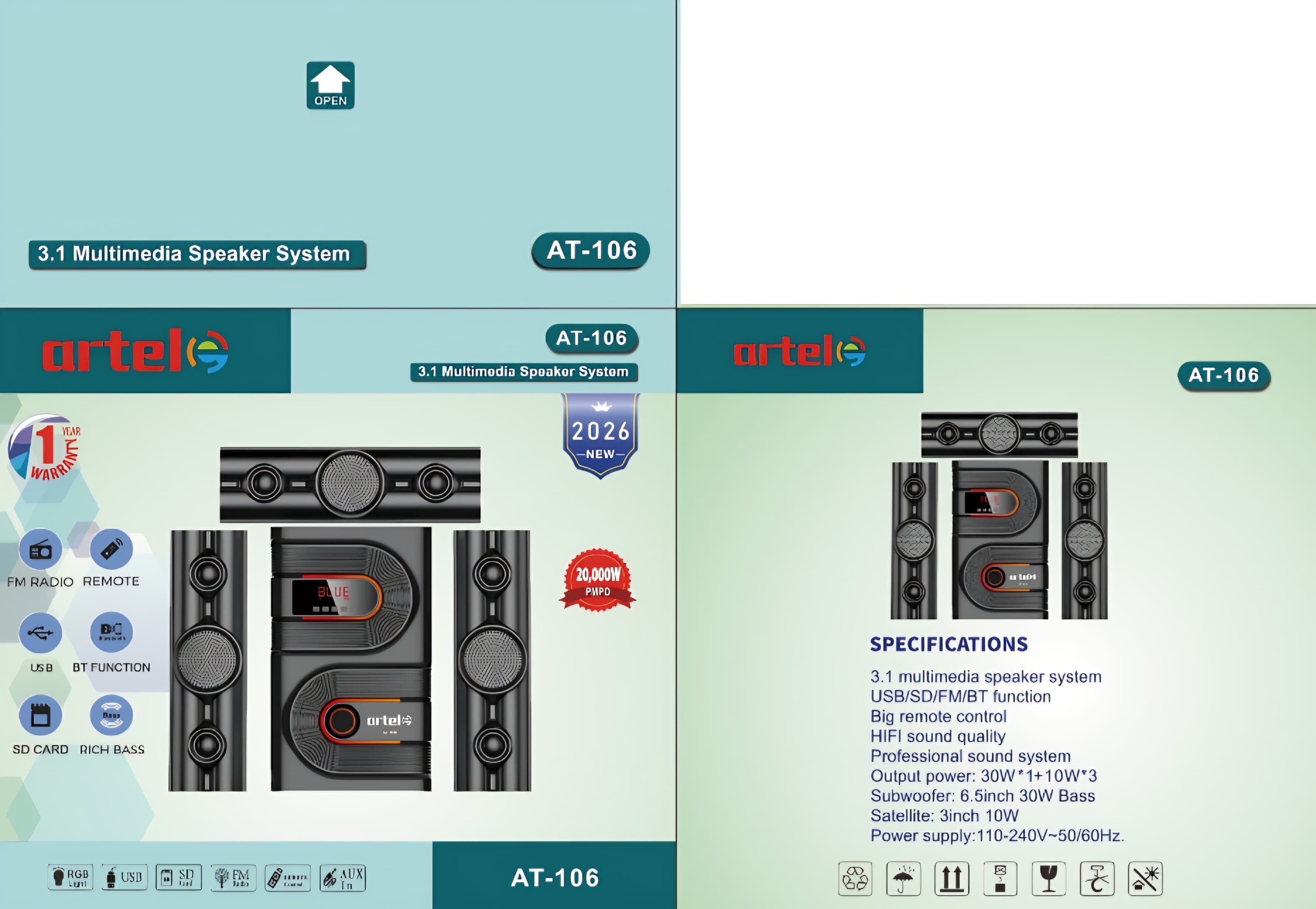 Artel AT-106 3.1CH Subwoofer multi- media speaker system with FM Radio, BT function, USB, SD Card and remote control with rich bass 20000W PMPO