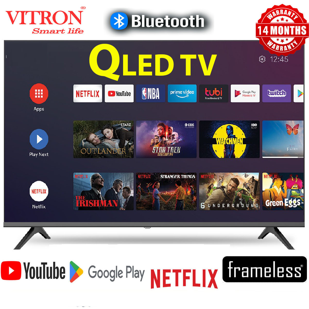 VITRON HTC3288QS 32" Inch QLED TV BLUETOOTH-ENABLED Frameless Smart Android TV Inbuilt WIFI-Netflix,Youtube Television+7 FREE GIFTS