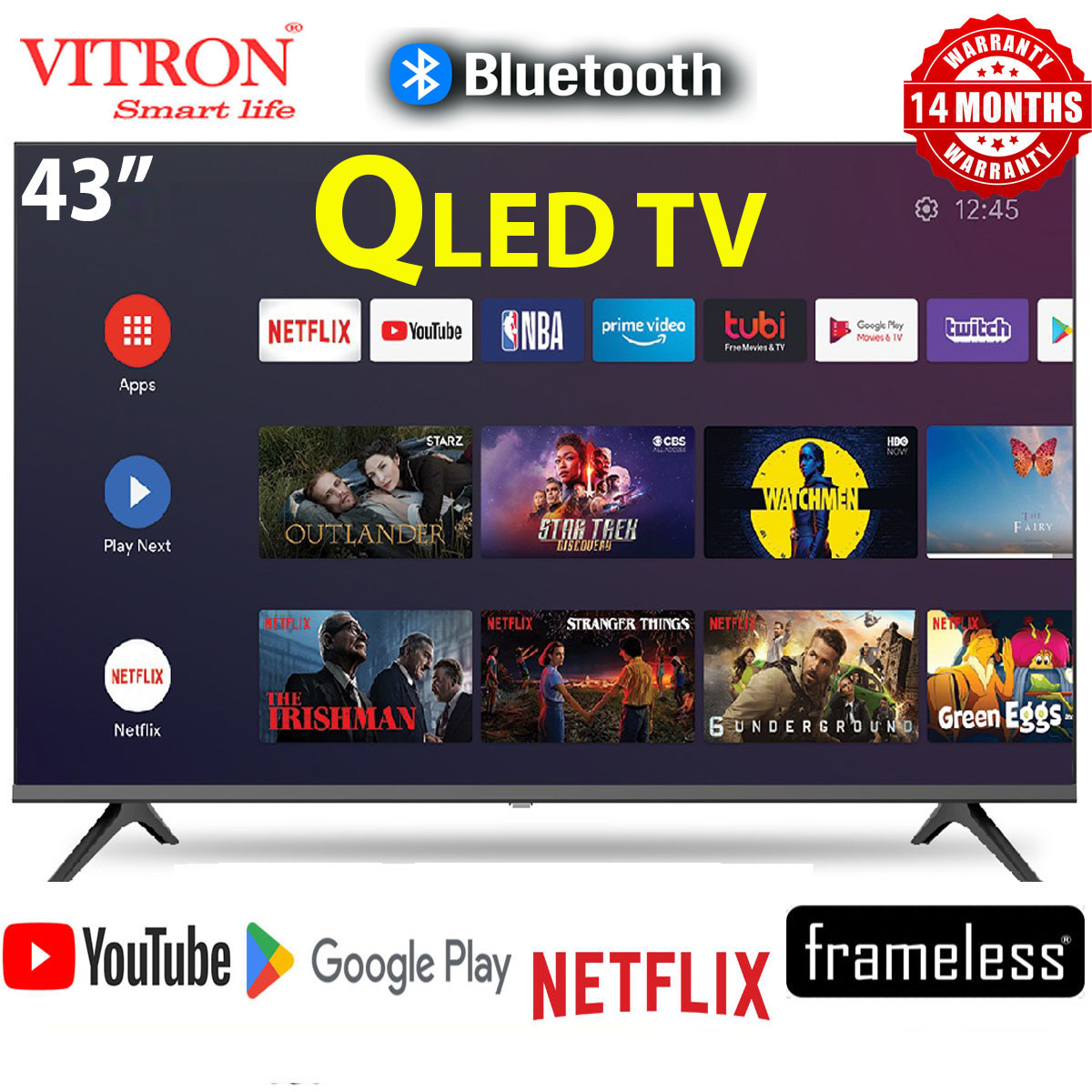 CLEARANCE SALE!!!VITRON HTC4300QFS 43" INCH QLED BLUETOOTH FRAMELESS FHD SMART TV ANDROID NETFLIX ,YOUTUBE BUILT-IN WIFI,APPSTORE 1GB-RAM 8GB-ROM+14 MONTHS WARRANTY+TV GUARD+WALL BRACKET+OTG+RCA CABLE