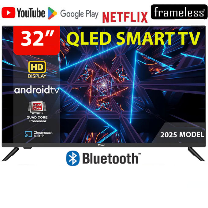 VITRON 32" Inch QLED BLUETOOTH -ENABLED Frameless Smart TELEVISION HD Netflix Bluetooth TV HTC3288QS Youtube Television DVB-T2 Android 14.0  AC Energy Saving Television+ 8 EXTRA ACCESSORIES