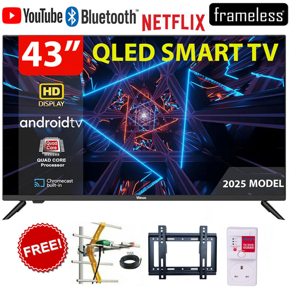 (SPECIAL OFFER!!) VITRON HTC4300QFS 43 Inch QLED Smart Android TV FHD Display, WiFi, Inbuilt Decoder, Netflix,YouTube, Icast, App Store,HDMI,USB,1GB RAM,8GB ROM+FREE WALL BRACKET+TV GUARD+AERIAL