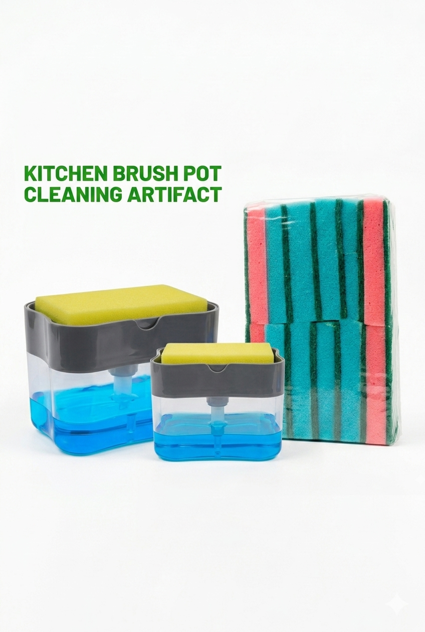 Soap Dispenser + 12 PIECES Double-Sided Strong Non Scratch Cleaning Dishes, Utensils Decontamination Sponge Kitchen Cleaning Wipe Magic Mop Scouring Pad Kitchen Dish Brush