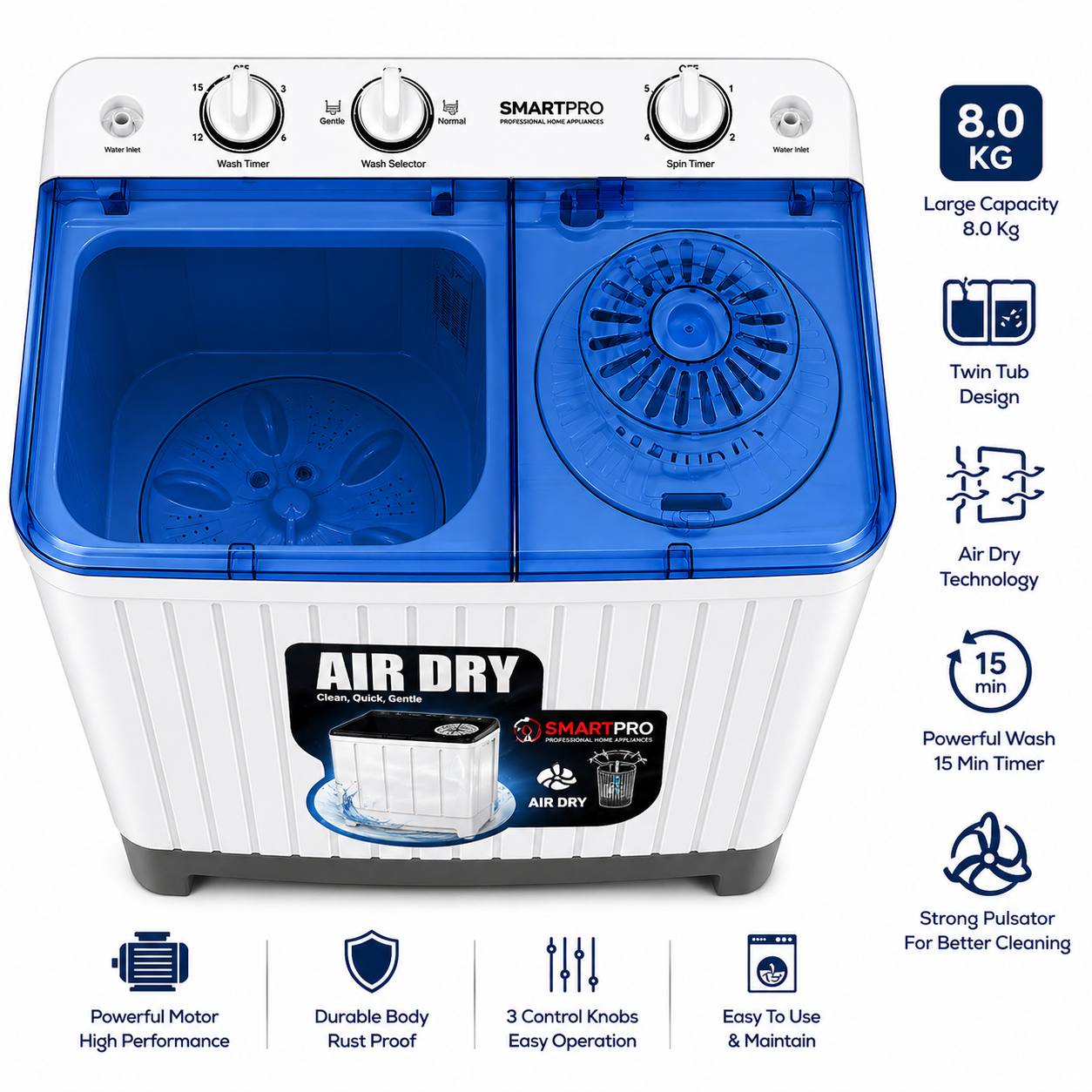 Smart Pro Washing Machine 8kg Semi-Automatic Twin-Tub (1 Year Warranty)