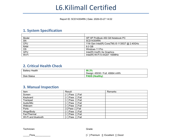 KILICERTIFIED Grade A: HP ProBook 450 G8 | Intel Core i5 11th Gen 8GB RAM, 256GB SSD | 15.6" FHD Win 11 Pro | 40664 mWh  Battery health |6+ Hours Youtube Refurbished Laptop for Work | 9 Month Warranty