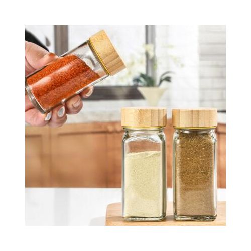 Top Quality!! Glass Spice Jars With A Bamboo Lid pantry kitchen Organizer Set Seasoning Jars Kit with air tight Lids, Complete Kitchen Spice Storage System Jars for Spice Rack, Cabinet or Drawer