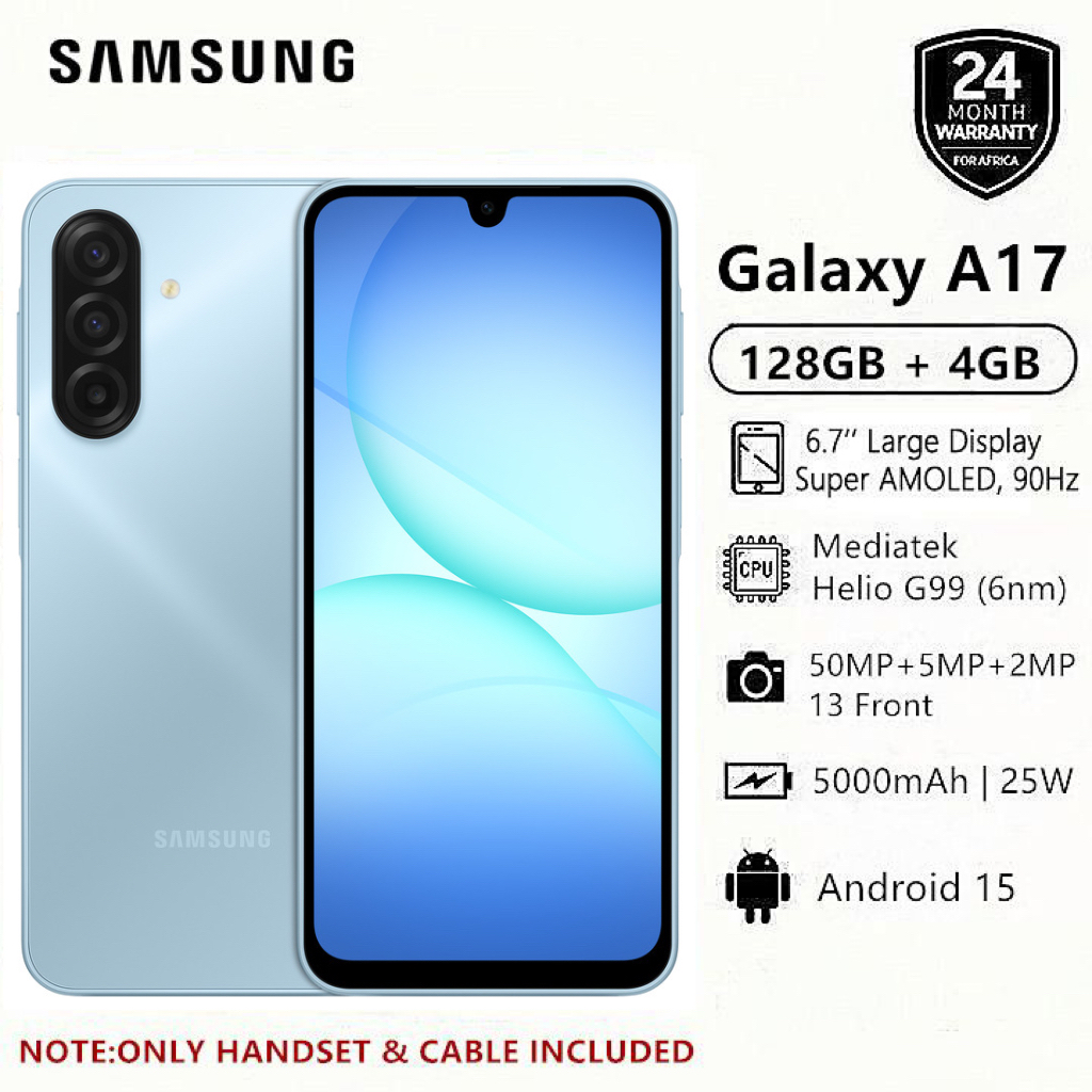 [2-Year Local Warranty] Samsung Galaxy A17 128GB+4GB 6.7" Super AMOLED Display Mediatek Helio G99 50MP Triple Camera Android 15 IP54 Waterproof 5000mAh 25W Type-C AI Smart Phones Samsung A17 phone