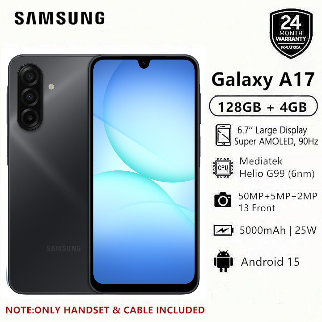 [2-Year Local Warranty] Samsung Galaxy A17 128GB+4GB 6.7" Super AMOLED Display Mediatek Helio G99 50MP Triple Camera Android 15 IP54 Waterproof 5000mAh 25W Type-C AI Smart Phones Samsung A17 phone