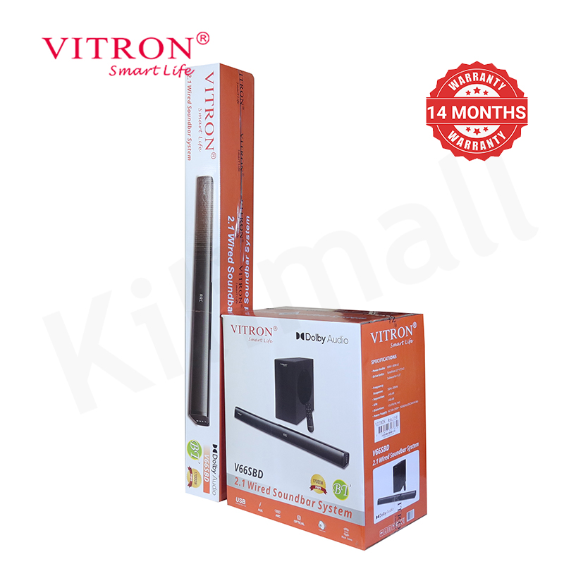 Vitron 2.1CH 17000W PMPO Dolby Sound Bar System with 6.5″ Subwoofer 90W+40W×2 RMS AUX USB Bluetooth Wired for Home Theater V66SBD