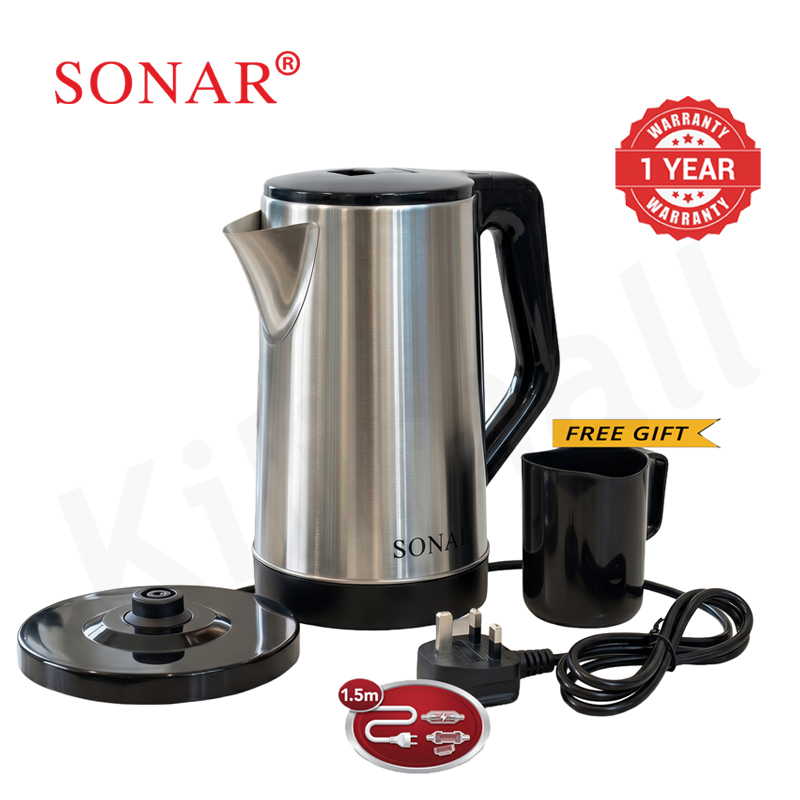 Sonar 2L 1500W Stainless Steel Electric Kettle with 1.5M Fused Power Cord Energy Efficient Heater Jug Cordless Electric Kettle SR-X2