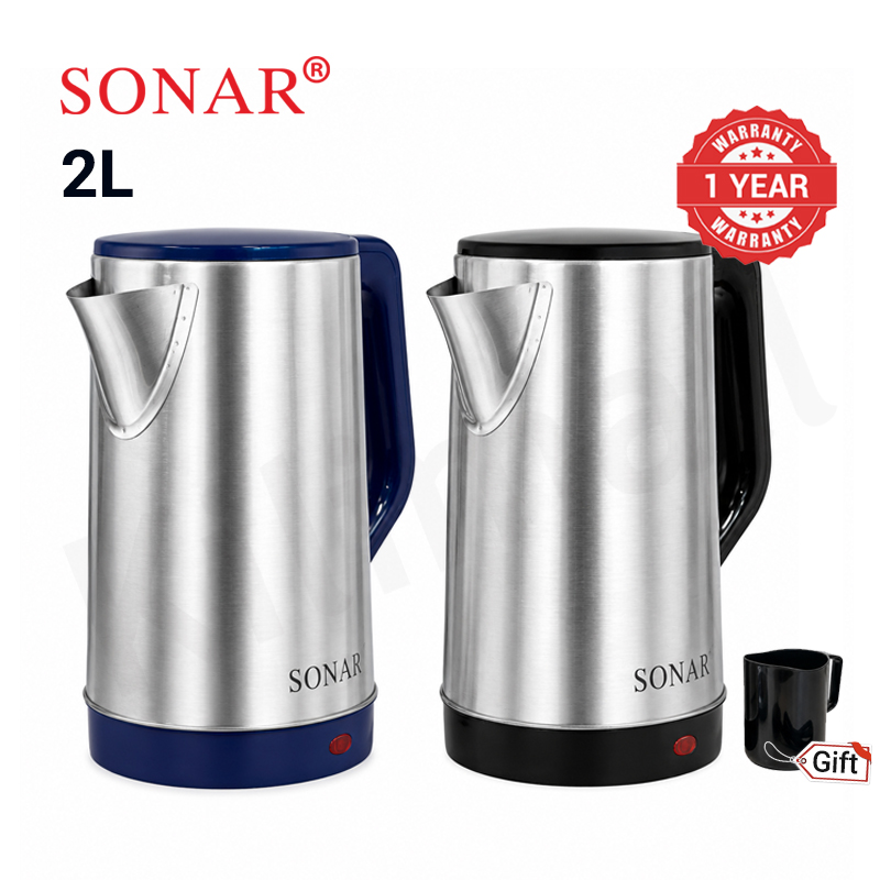 Sonar 2L 1500W Stainless Steel Electric Kettle with 1.5M Fused Power Cord Energy Efficient Heater Jug Cordless Electric Kettle SR-X2